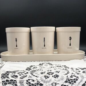 Rare Vintage Rae Dunn By Magenta Spoon Fork Knife Utensil Holder on Tray 4 PCS